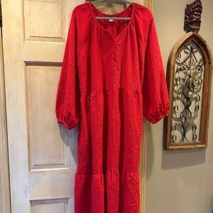Old Navy Seersucker Red Tiered Long Sleeve Dress Size XXL